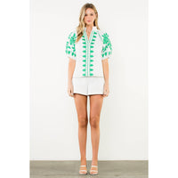 THML - Embroidered Smocked Neck Puff Top-White