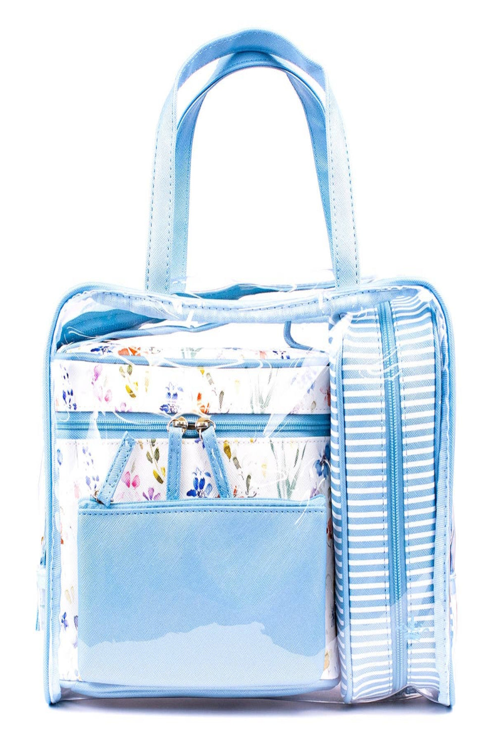 Clear travel bag with floral patterned interior on a white background