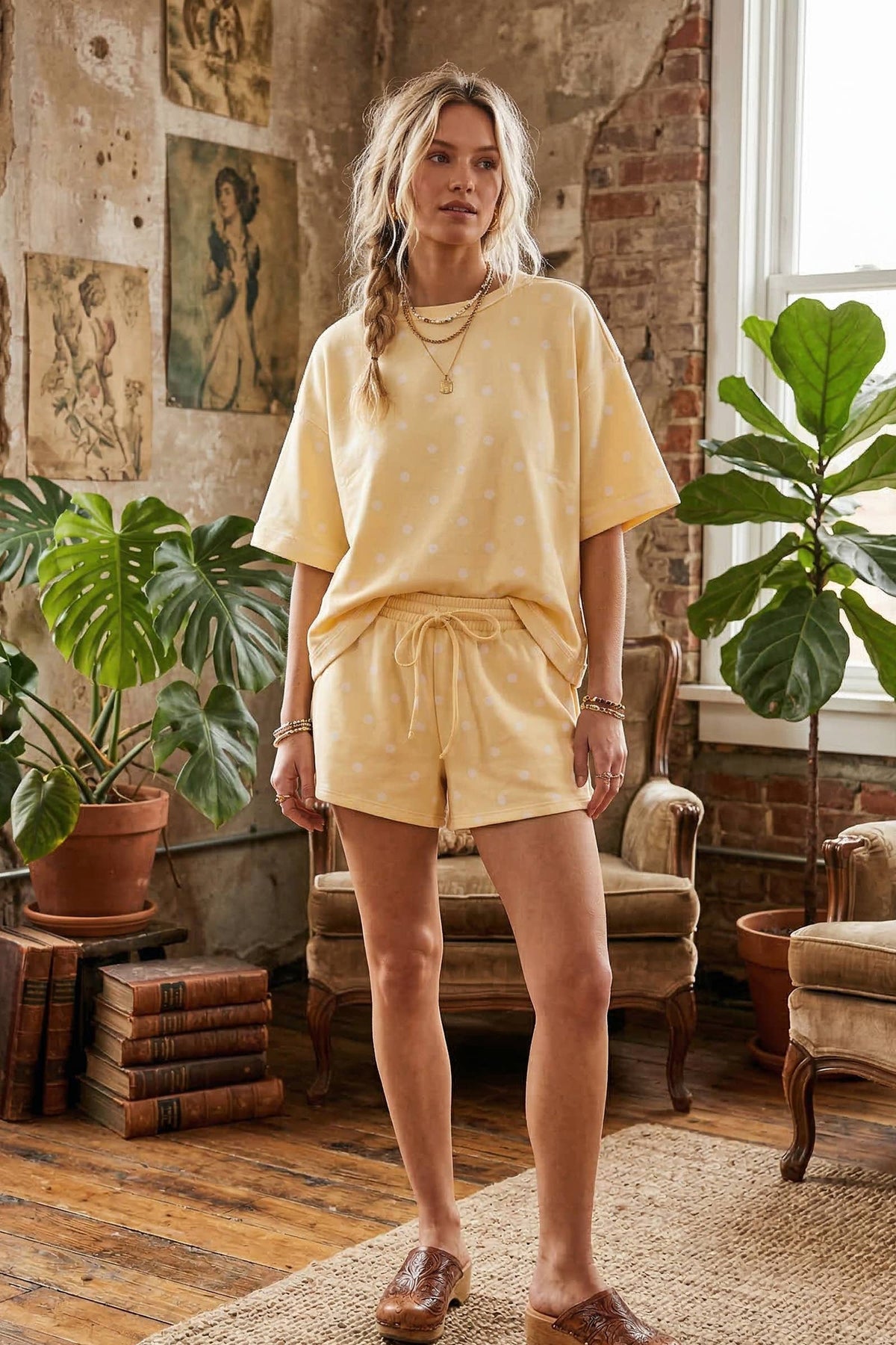 Polka Dot Scuba Top and Shorts Set-Cream/Black