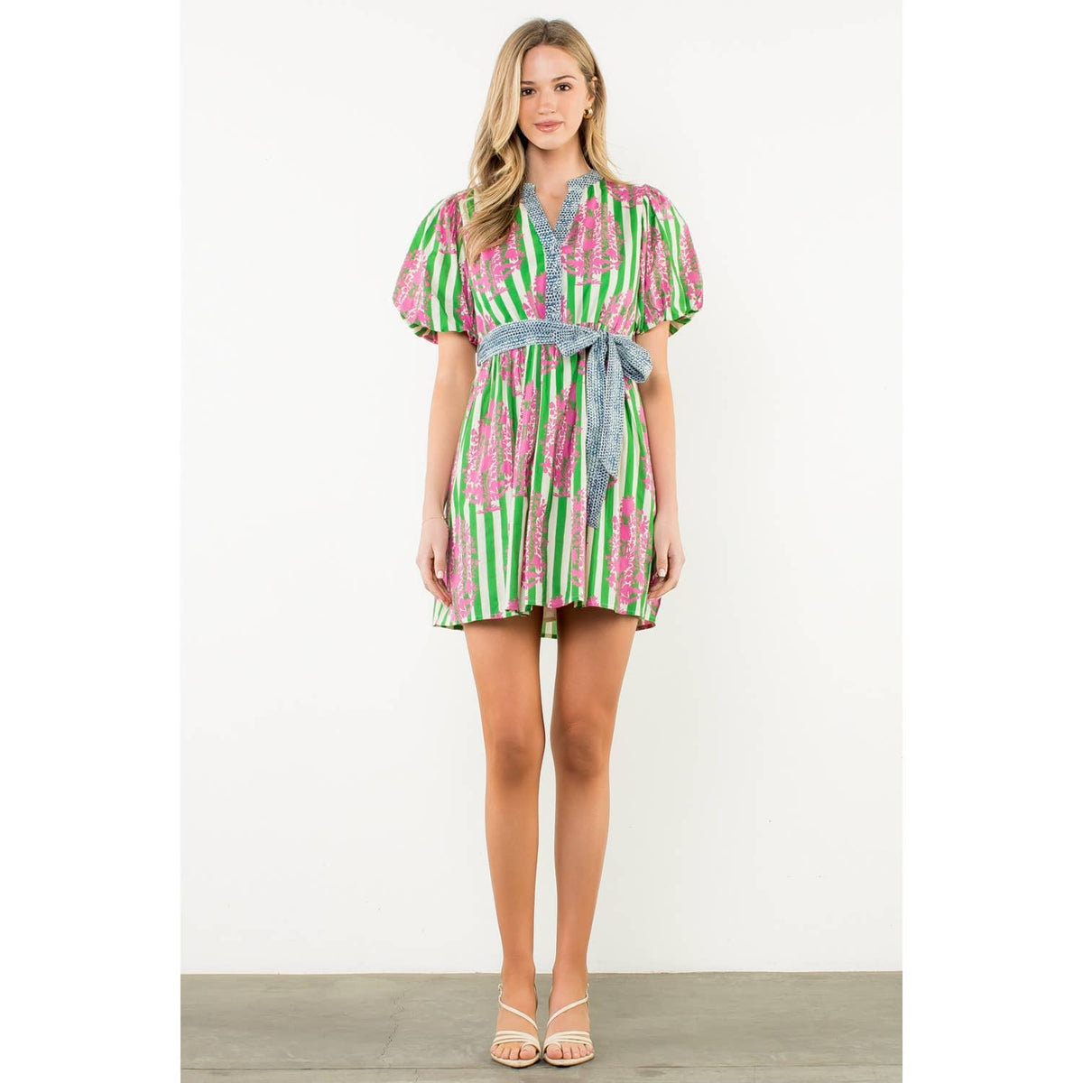 THML - Tie Waist Puff Sleeve Print Dress-Green