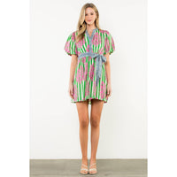 THML - Tie Waist Puff Sleeve Print Dress-Green