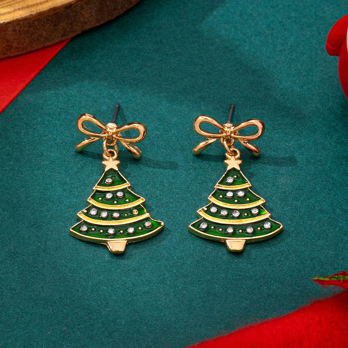 Christmas Tree & Bow Dangle Earrings-Gold