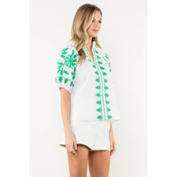 THML - Embroidered Smocked Neck Puff Top-White
