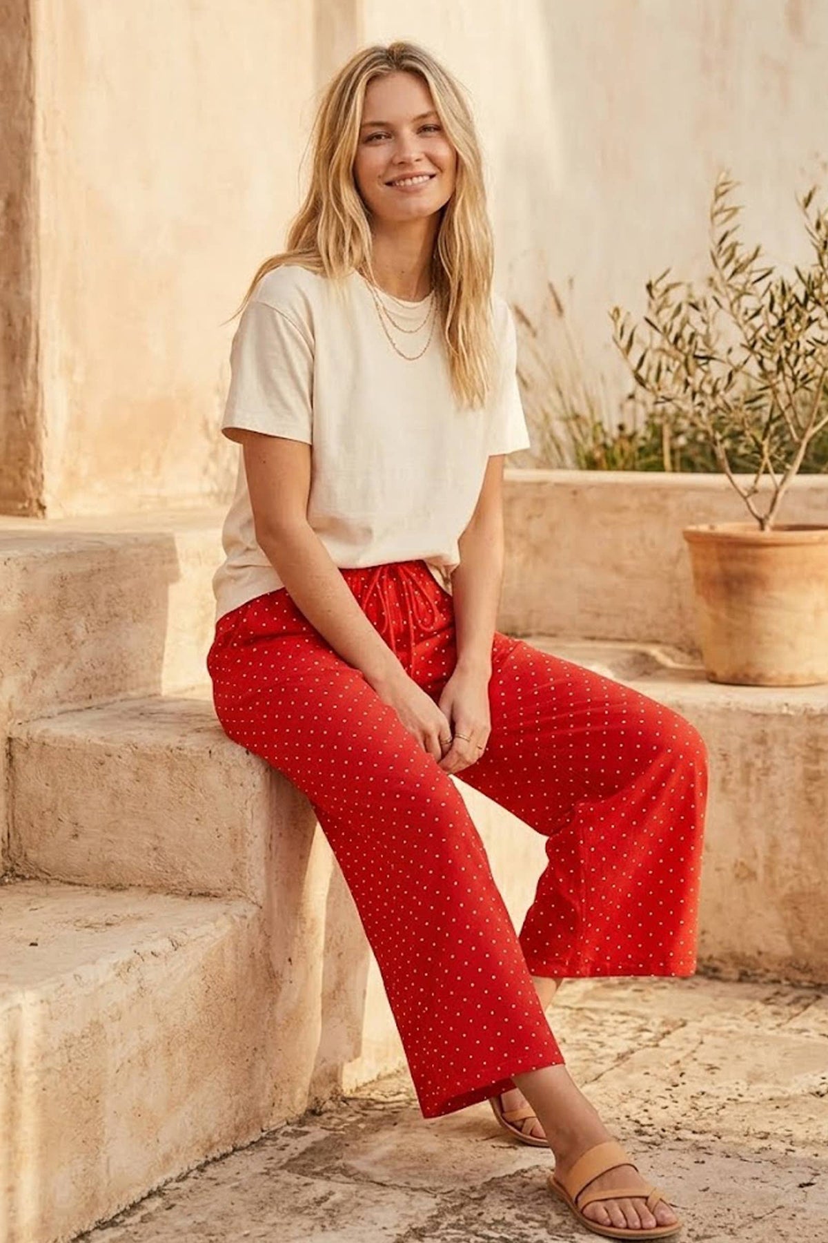 Relaxed Polka Dot Wide Leg Pants-Red/White