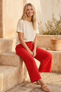 Relaxed Polka Dot Wide Leg Pants-Red/White