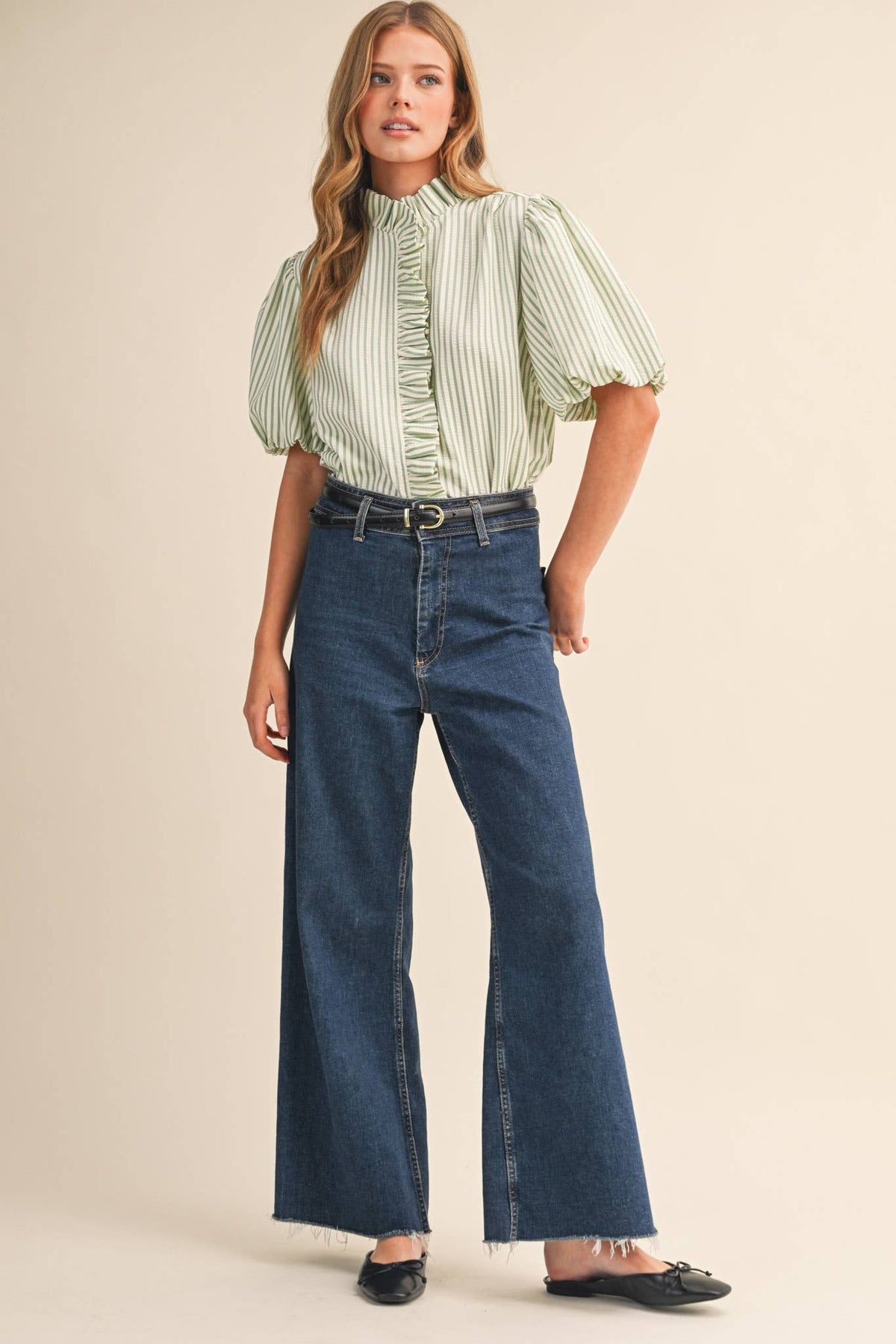 Striped Ruffled Button Down Top-Seafoam