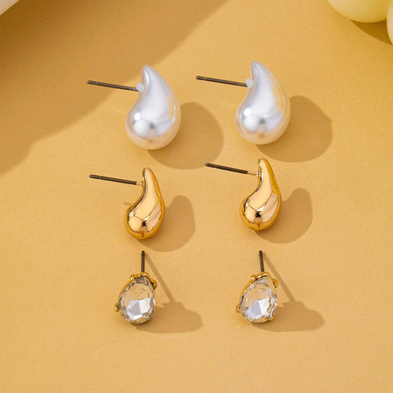Teardrop Crystal Gold Pearl Trio Stud Earring Set-Gold