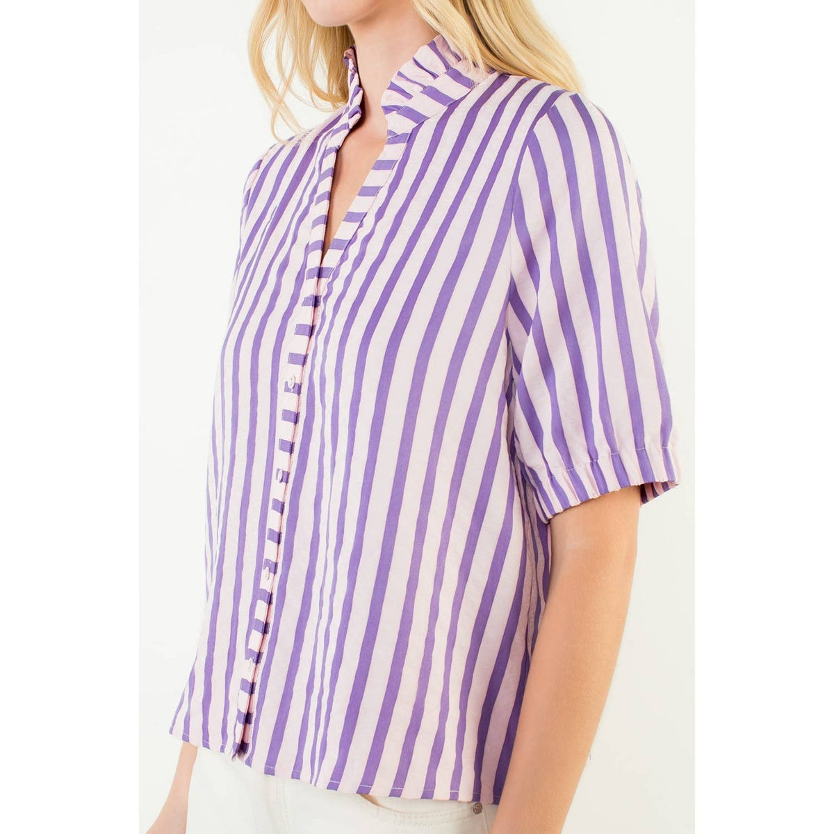 THML - Short Sleeve Striped Button Down Top-Purple