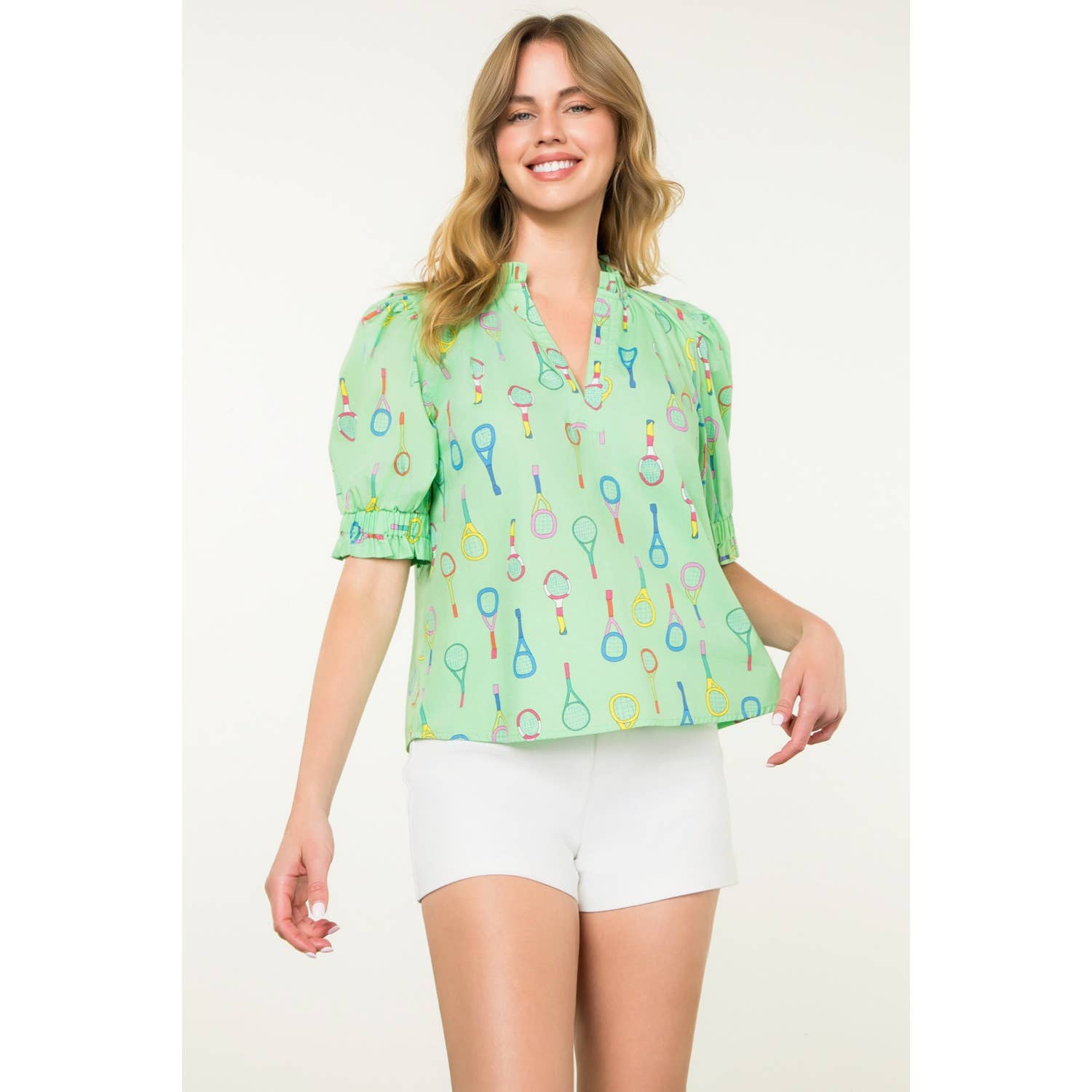 THML Tennis Racket Print V-Neck Top - Lime Green | Simply Dixie