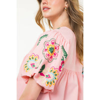 THML - Embroidered Detail Puff Sleeve Top-Pink