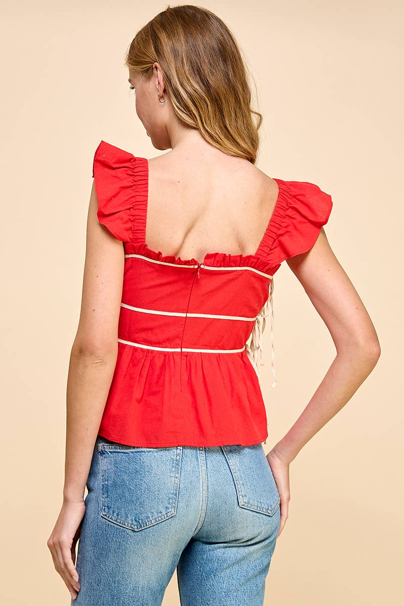 SALE-Ruched Detail Ruffled Straps Top-Red