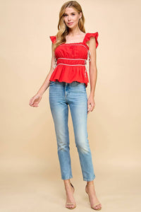 SALE-Ruched Detail Ruffled Straps Top-Red