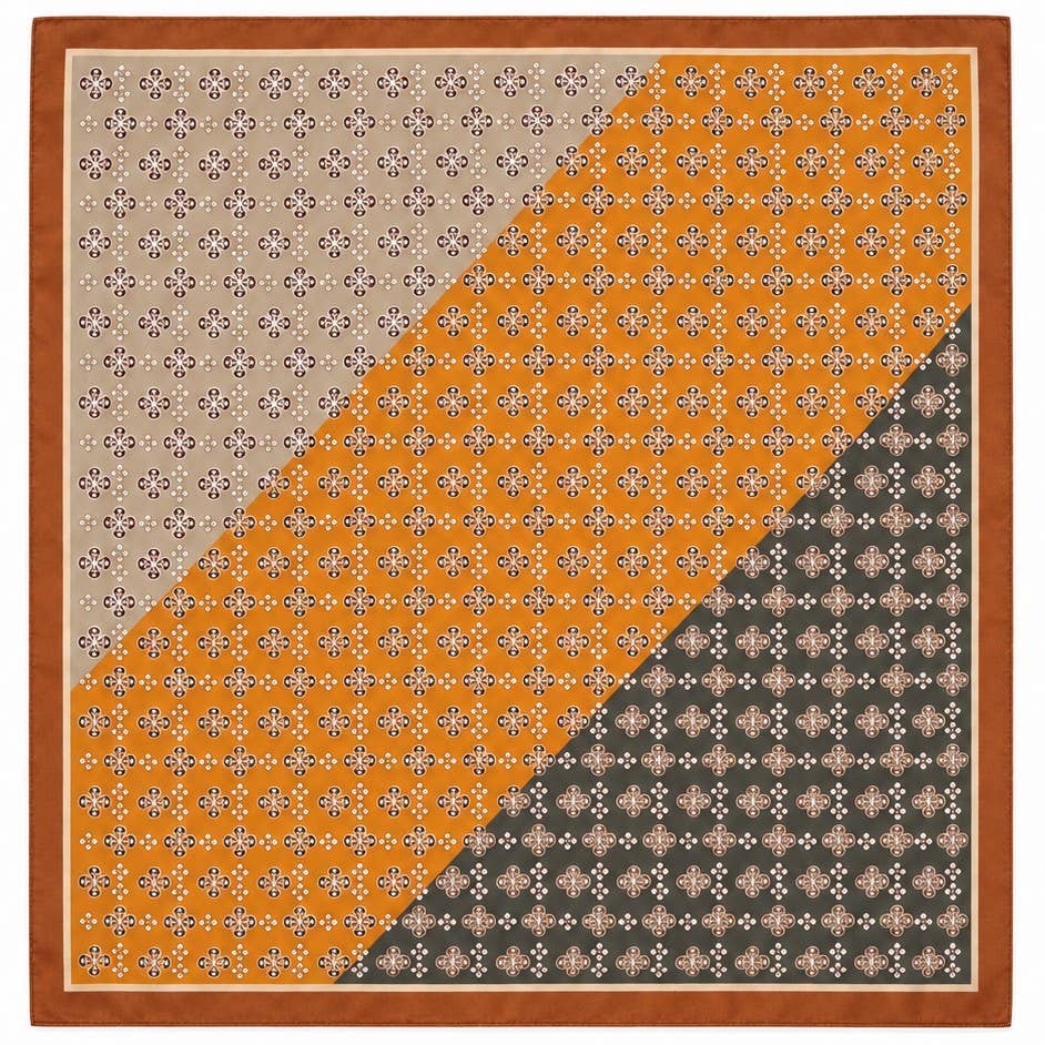 Geometric Tile Motif Color-Block Silky Scarf-Brown
