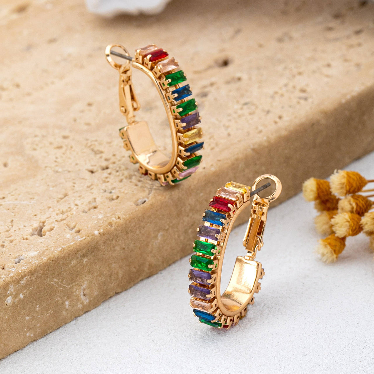 Multicolor Baguette Crystal Hoop Earrings-Gold