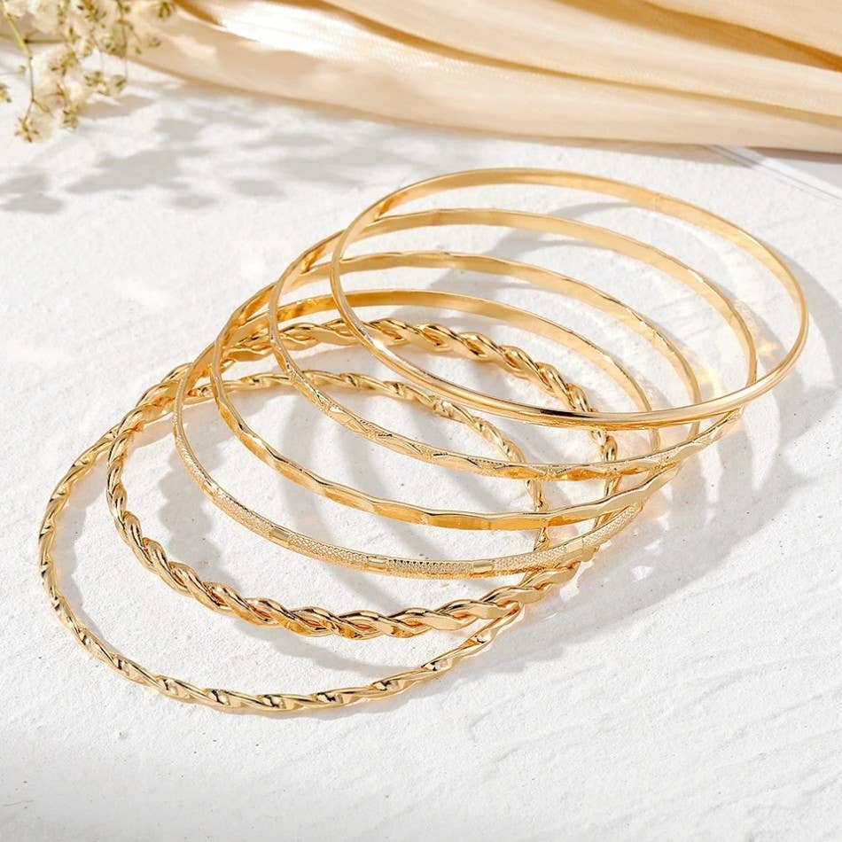 Gold Layered Bangle Set - Mixed Texture Stack
