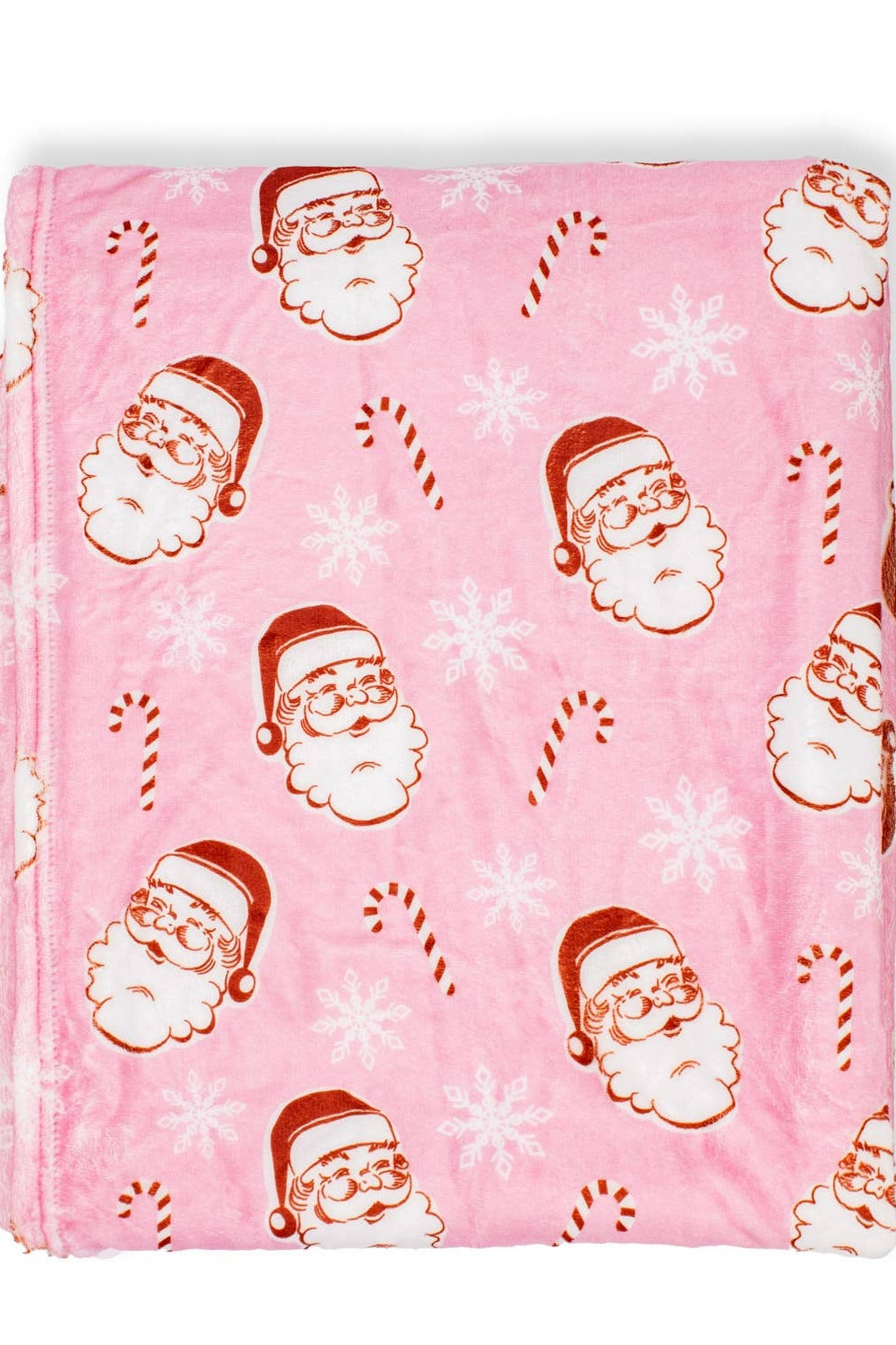 Pink blanket with Santa Claus and candy cane pattern on a white background