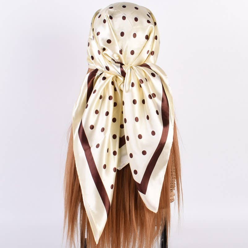 Large Polka Dot Print Bandana Scarf-Cream/Brown