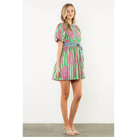 THML - Tie Waist Puff Sleeve Print Dress-Green