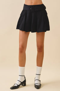 SALE-Wide Belt Pleated Detail Cargo Pockets Skirt-Red