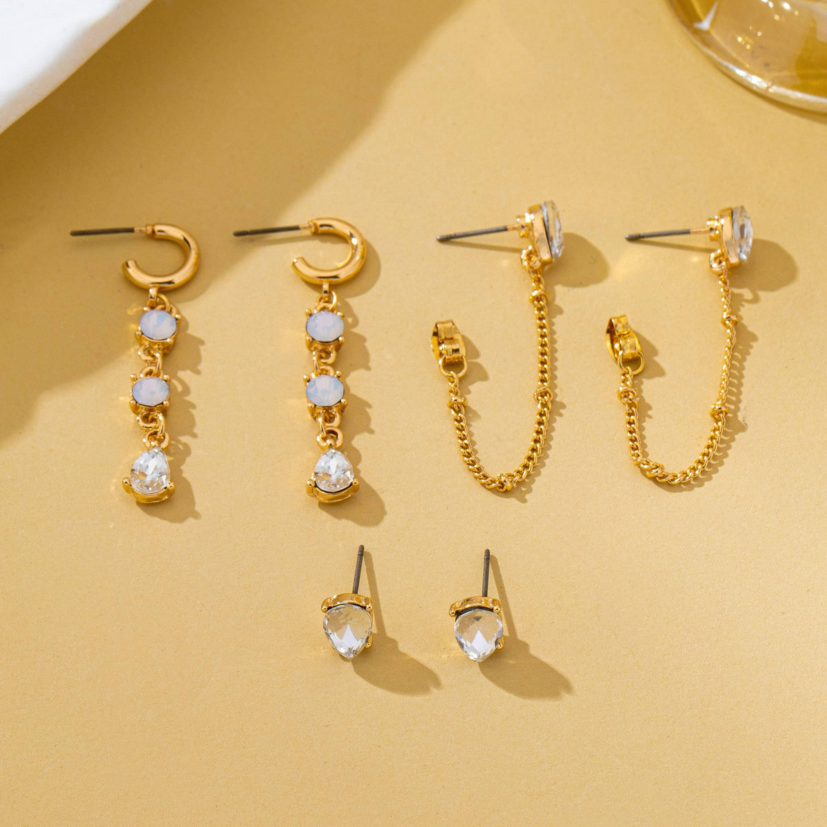 Crystal Stud & Linear Opal Drop Trio Earring Set-Gold