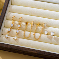 Crystal Stud & Linear Opal Drop Trio Earring Set-Gold