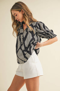 SALE-Geometric Stripes Print Puff Sleeve Blouse-Black