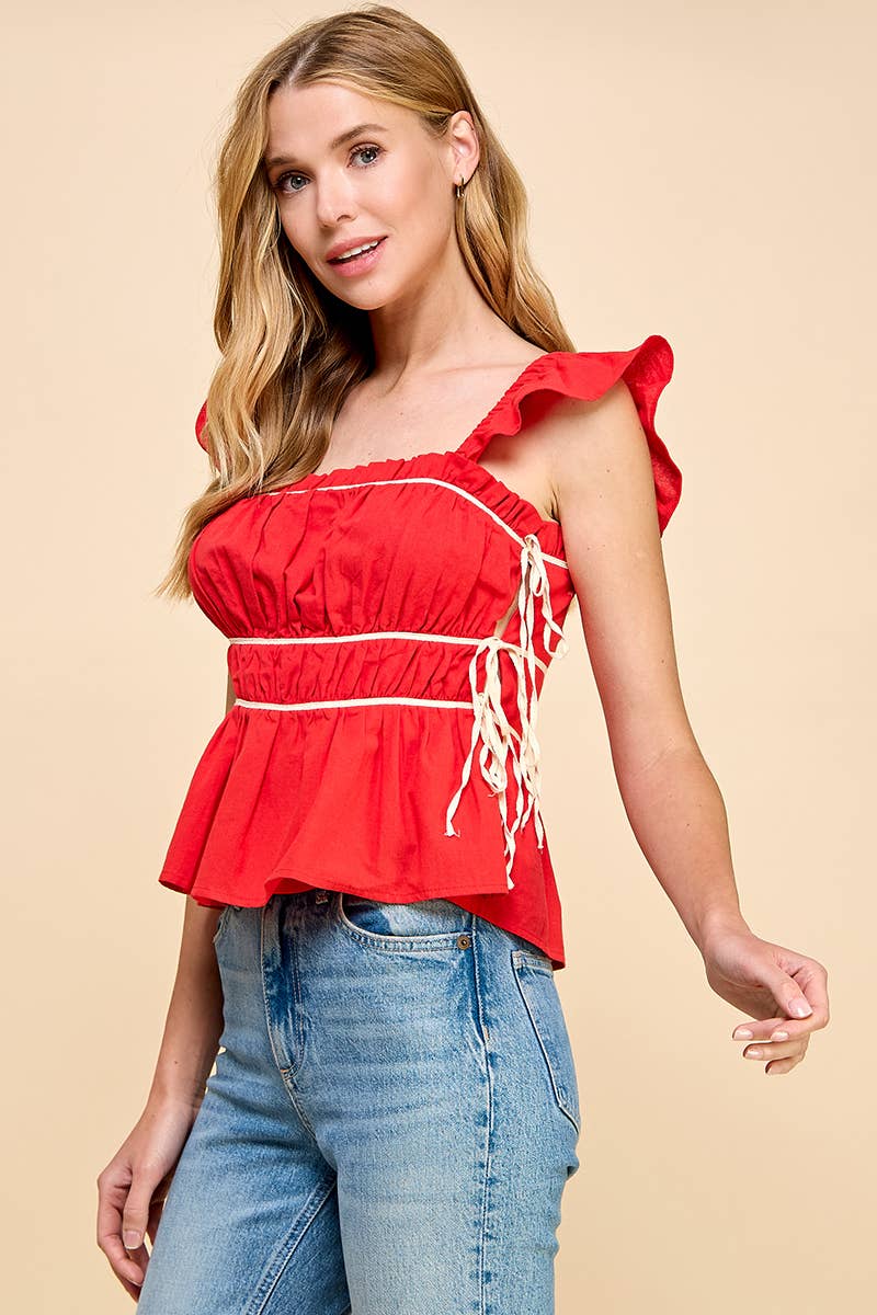 SALE-Ruched Detail Ruffled Straps Top-Red