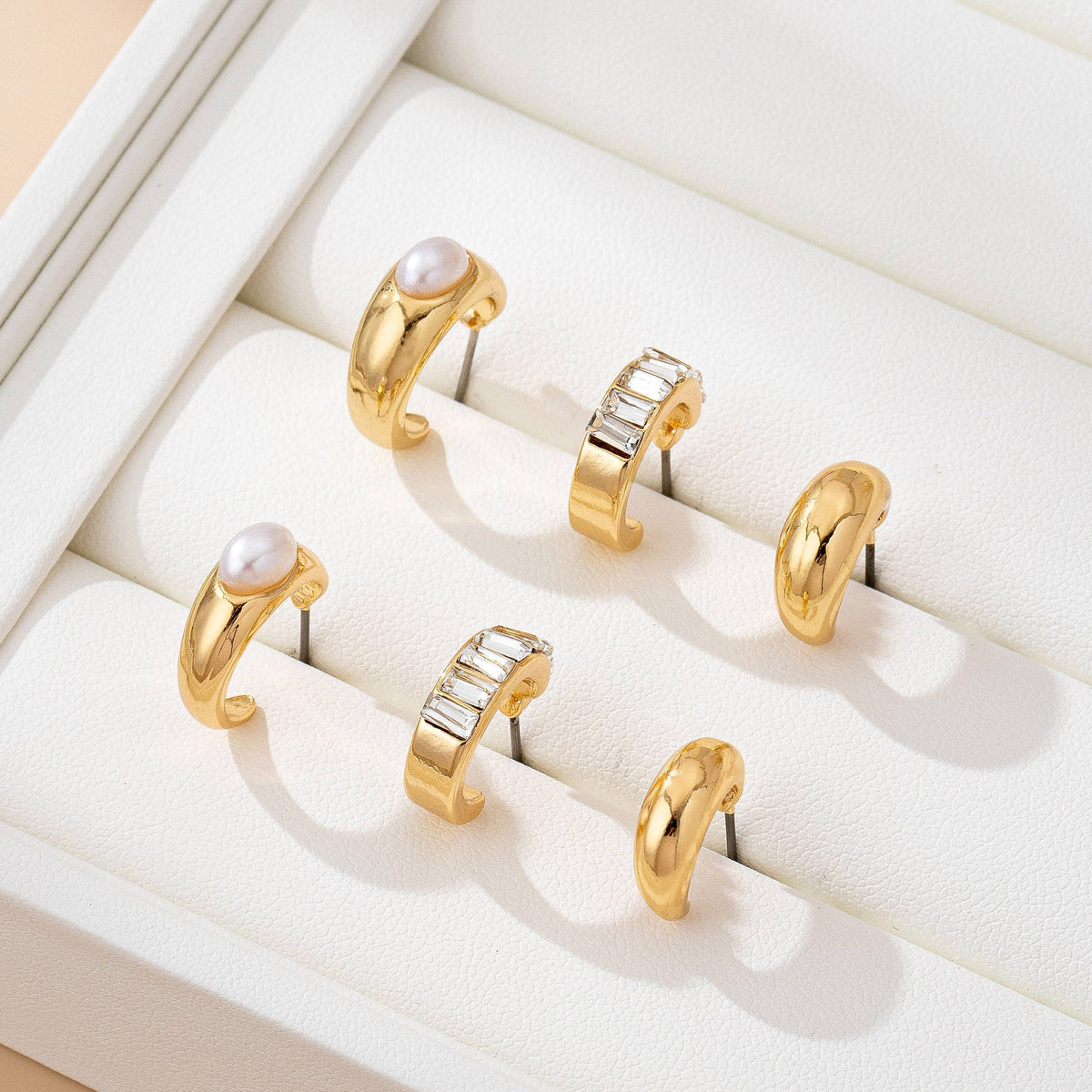 Pearl & Baguette Huggie Hoop Trio Earring Set-Gold