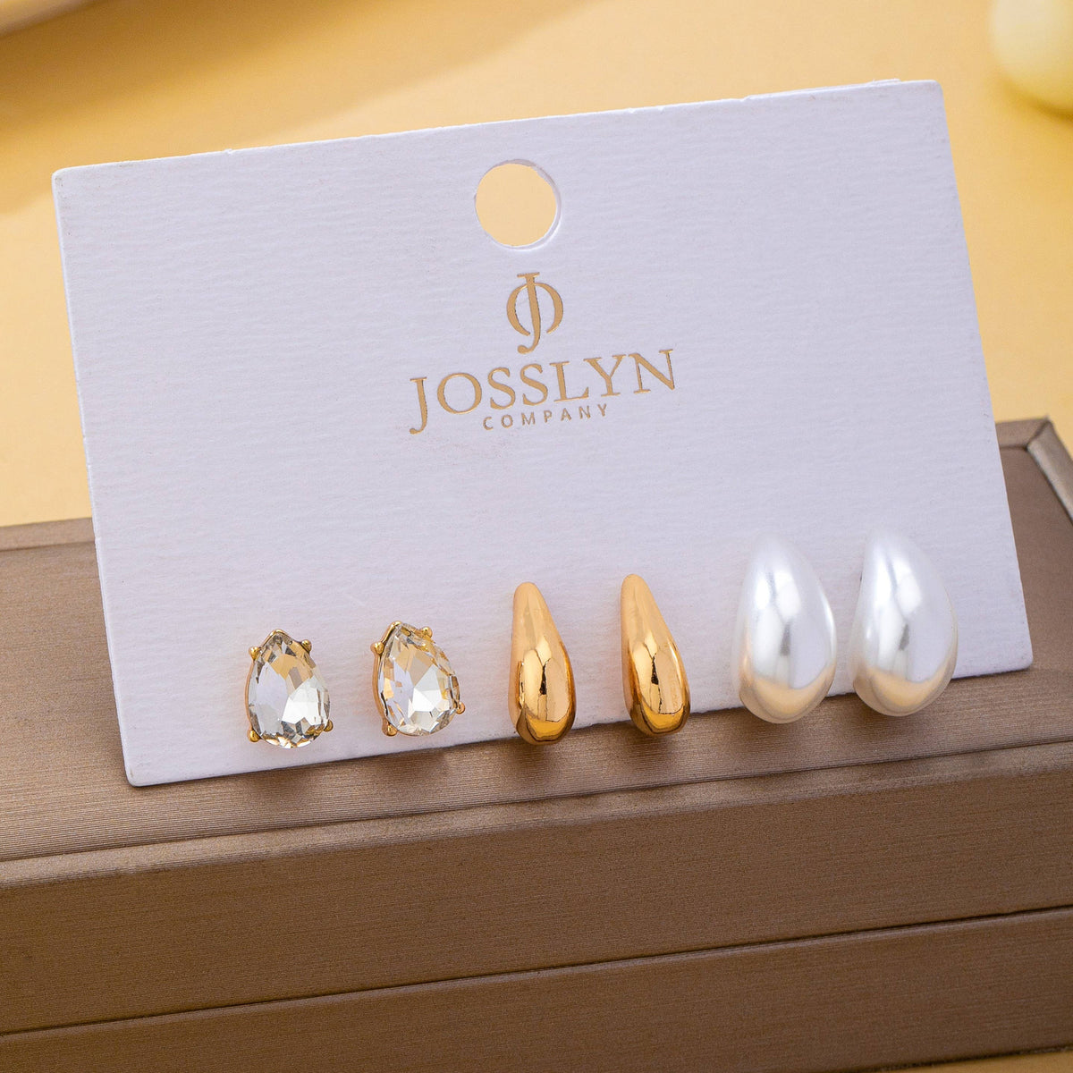 Teardrop Crystal Gold Pearl Trio Stud Earring Set-Gold