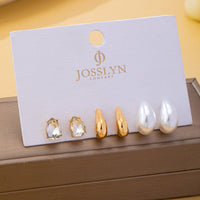 Teardrop Crystal Gold Pearl Trio Stud Earring Set-Gold