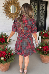 Holiday Cheer Plaid Puff Sleeve Dress-Red - Simply Dixie Boutique