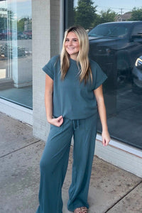 Zenana-Ribbed Short Sleeve Tee And Pants Set