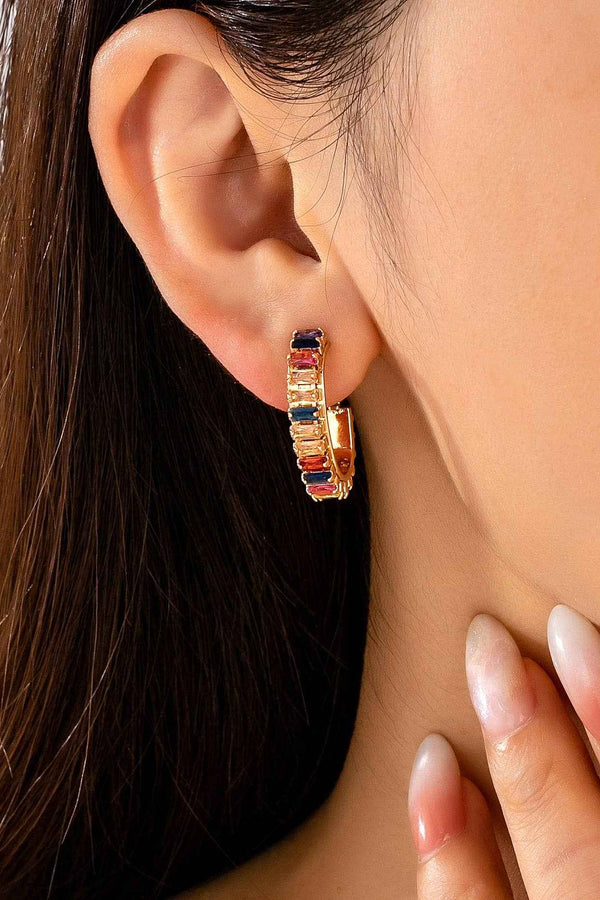 Multicolor Baguette Crystal Hoop Earrings-Gold