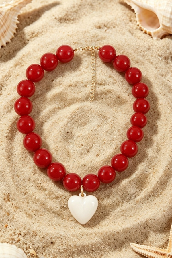 Red Bead with White Heart Necklace