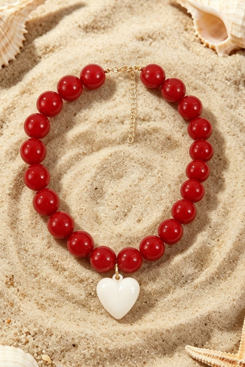Red Bead with White Heart Necklace