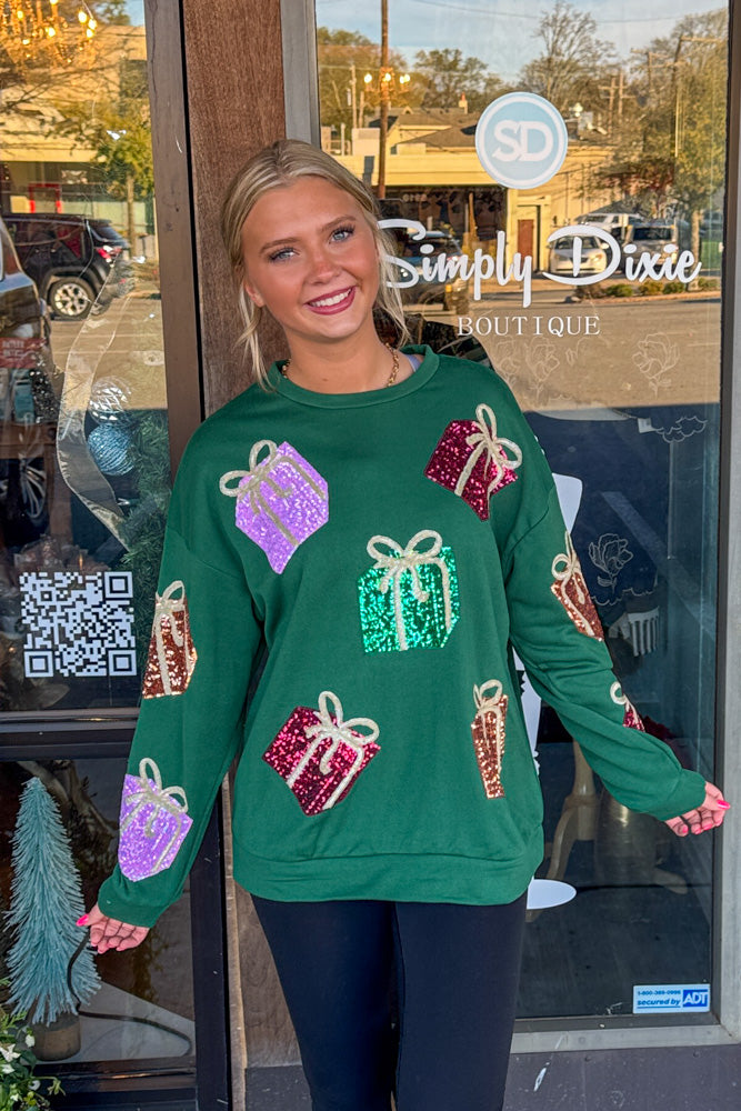 Sequin Christmas Gift Box Embroideries Pullover-Green