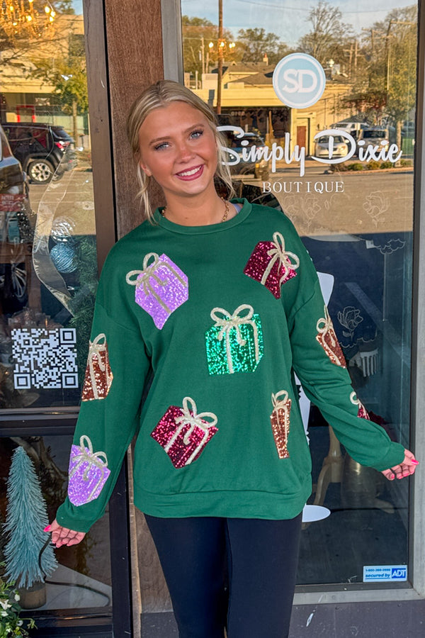 Sequin Christmas Gift Box Embroideries Pullover-Green