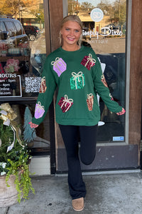 Sequin Christmas Gift Box Embroideries Pullover-Green