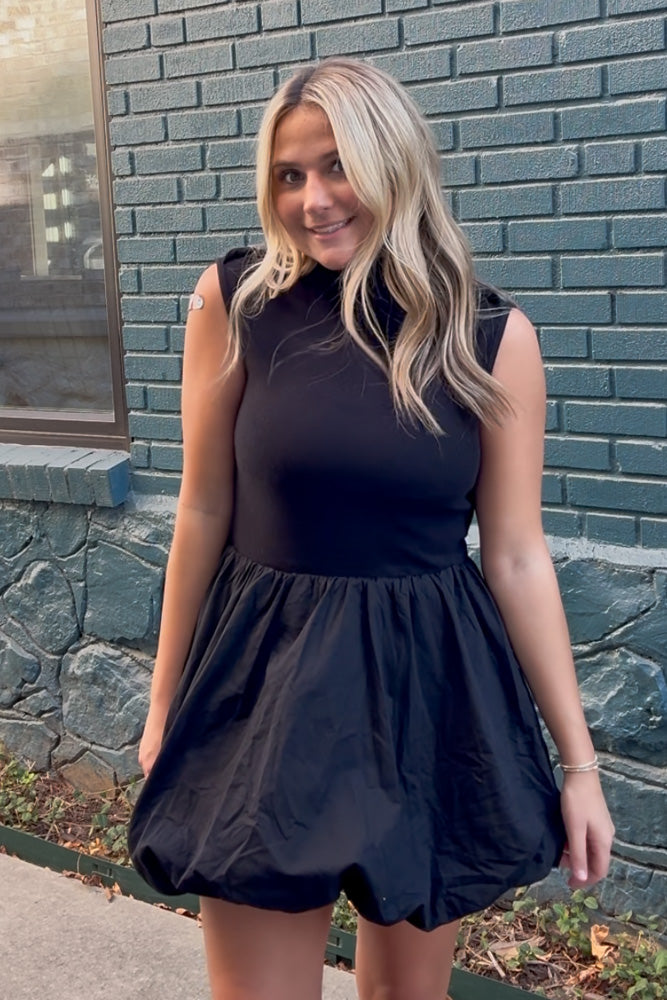 SALE-Fitted Knit Bodice Contrast Bubble Hem Mini Dress-Black Large SALE-Fitted Knit Bodice Contrast Bubble Hem Mini Dress-Black Large