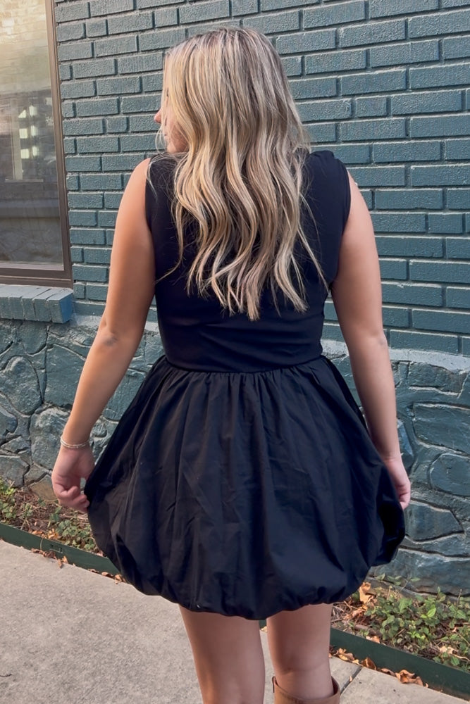 SALE-Fitted Knit Bodice Contrast Bubble Hem Mini Dress-Black Large SALE-Fitted Knit Bodice Contrast Bubble Hem Mini Dress-Black Large