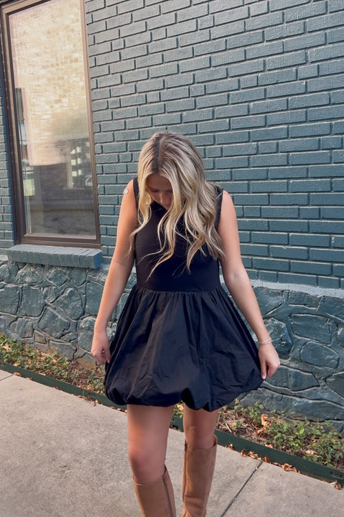 SALE-Fitted Knit Bodice Contrast Bubble Hem Mini Dress-Black Large SALE-Fitted Knit Bodice Contrast Bubble Hem Mini Dress-Black Large