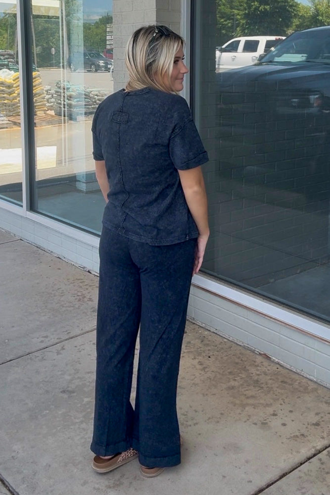 Acid Wash Exposed Seam Top and Pants Set