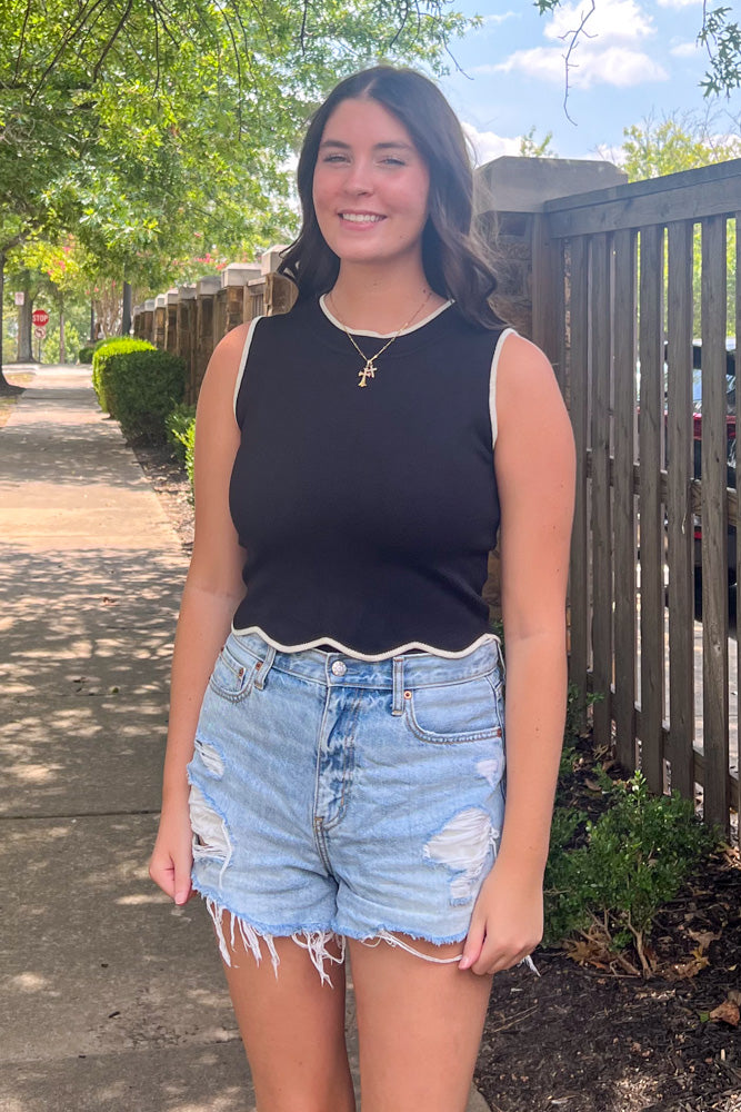 Black Scallop trim Sweater Tank Close up
