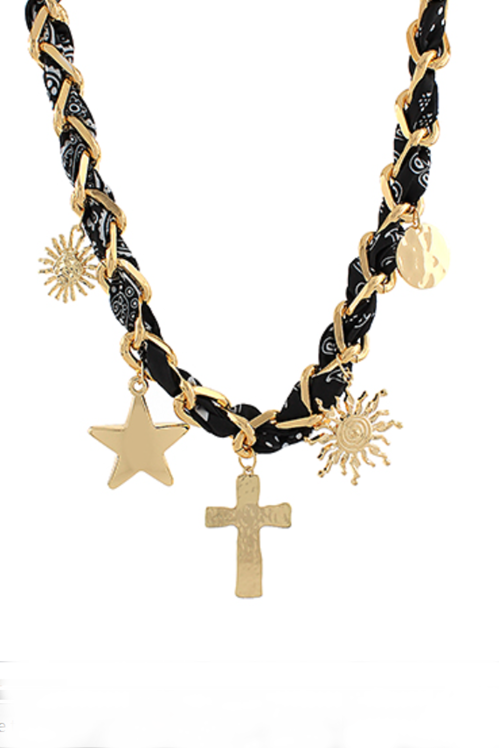 Multi Charm Pendant Scarf Necklace-Black/Gold