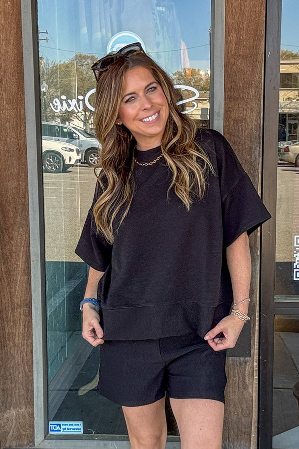 Zenana Ribbed Shorts Set Black close up