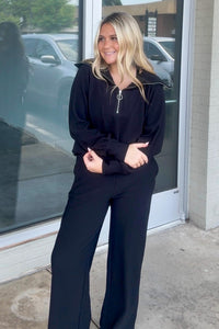 Ribbed High Neck Half Zip Pullover And Pants Set