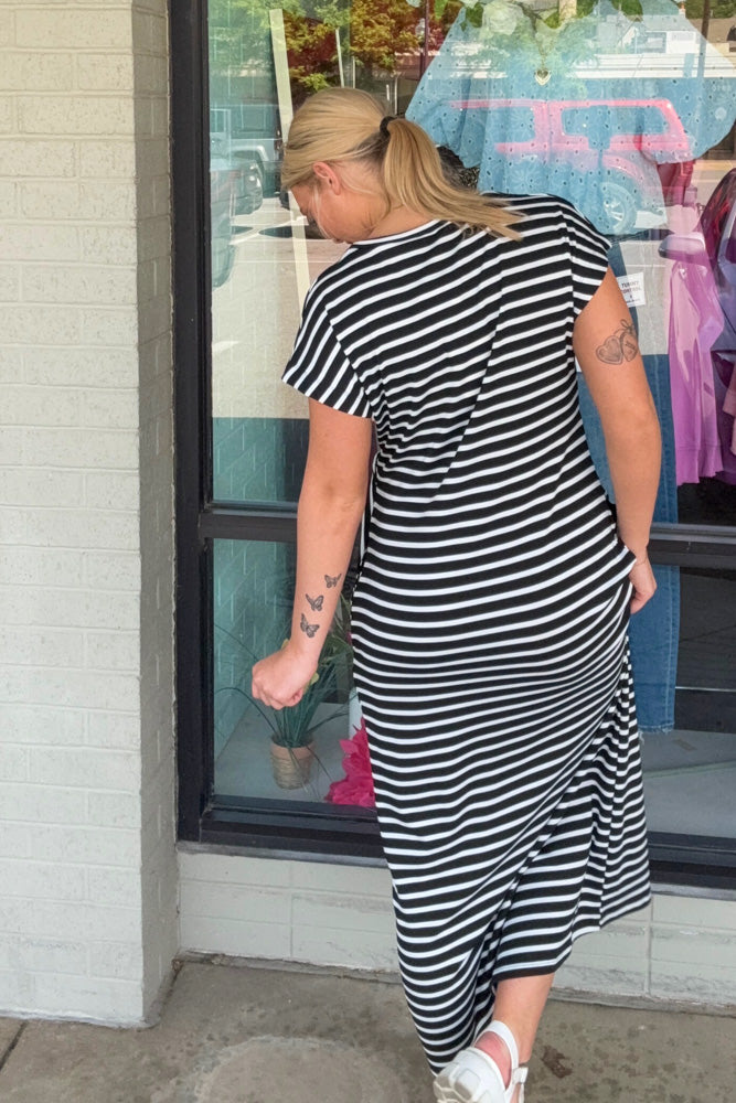 black and white striped midi dress Entro Clothing Black Striped Midi Dress With Cinched Waist