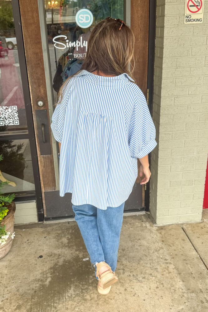 Striped Oversized Stretch Knit Button Down Top-Light Blue