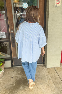Striped Oversized Stretch Knit Button Down Top-Light Blue