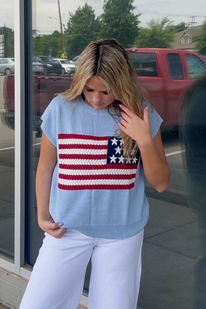 Let Freedom Ring Sleeveless Flag Sweater-Light Blue
